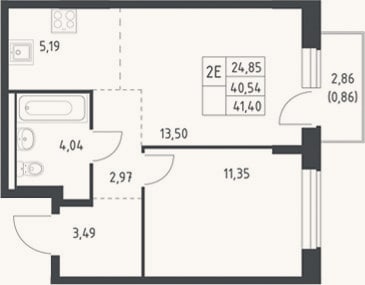 Планировка: 2-к, 40,5 м²