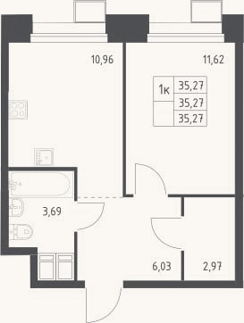 Планировка: 1-к, 35,3 м²