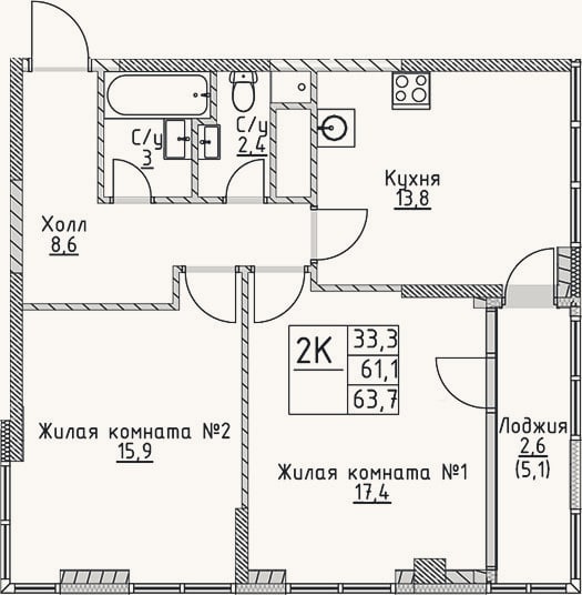 Планировка: 2-к, 61,1 м²
