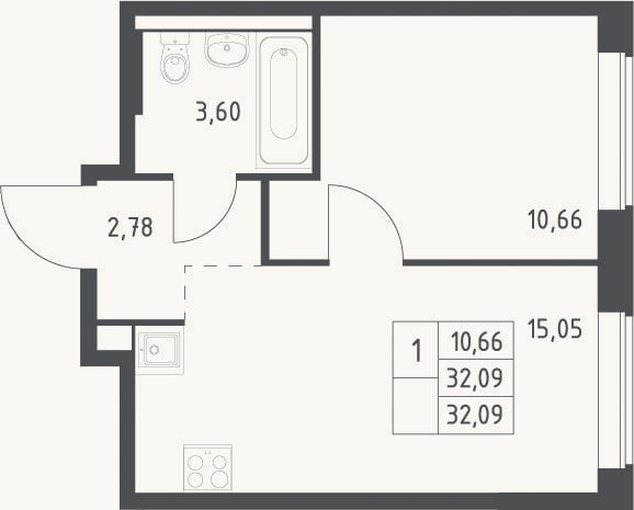 Планировка: 2-к, 32,1 м²