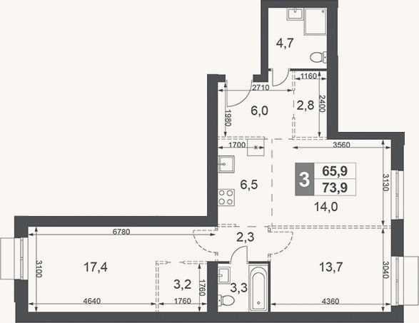 Планировка: 3-к, 73,9 м²