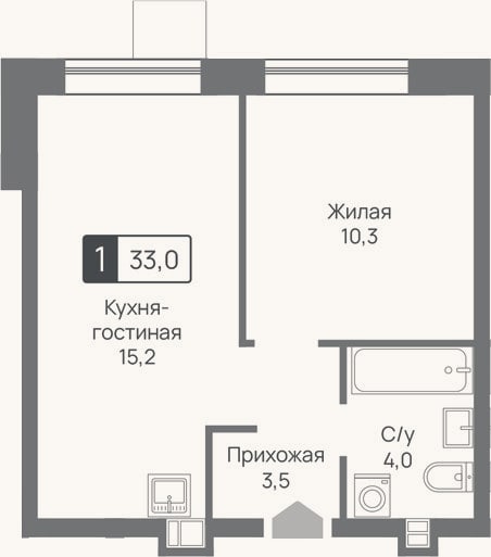 Планировка: 2-к, 33 м²