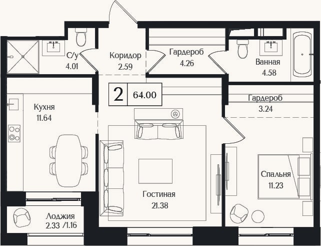 Планировка: 2-к, 62,8 м²