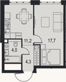 Планировка: 1-к, 37,2 м²