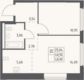 Планировка: 2-к, 40,9 м²