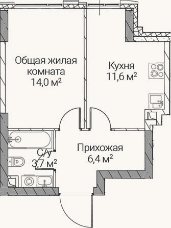 Планировка: 1-к, 35,7 м²