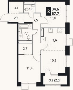 Планировка: 3-к, 65,7 м²