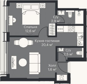 Планировка: 2-к, 38,8 м²
