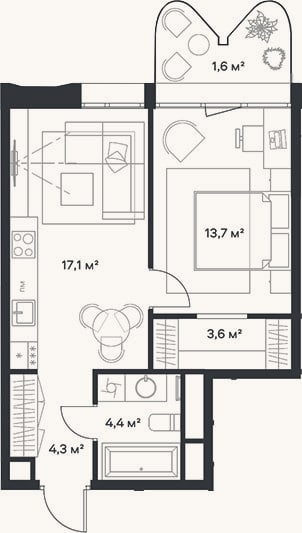Планировка: 2-к, 43,1 м²