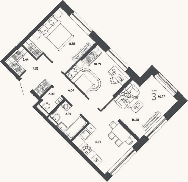 Планировка: 3-к, 62,2 м²