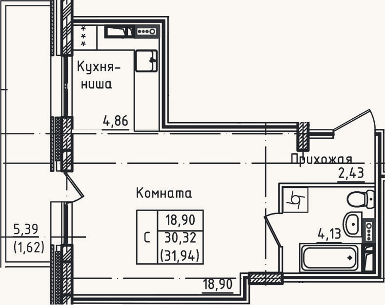 Планировка: Студия, 30,3 м²