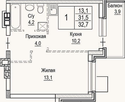 Планировка: 1-к, 31,5 м²