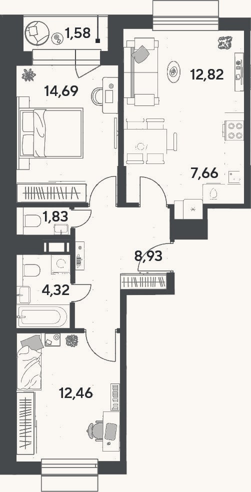 Планировка: 3-к, 62,7 м²