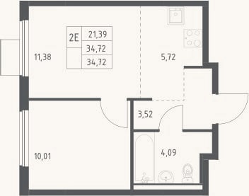 Планировка: 2-к, 34,7 м²