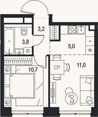 Планировка: 2-к, 33,7 м²