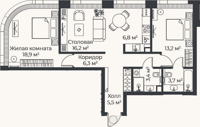 Планировка: 3-к, 74 м²