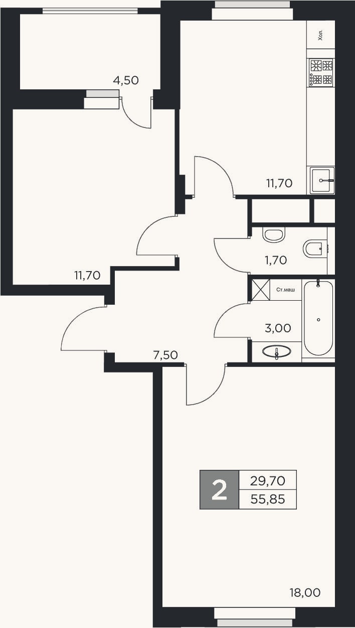 Планировка: 2-к, 53,6 м²