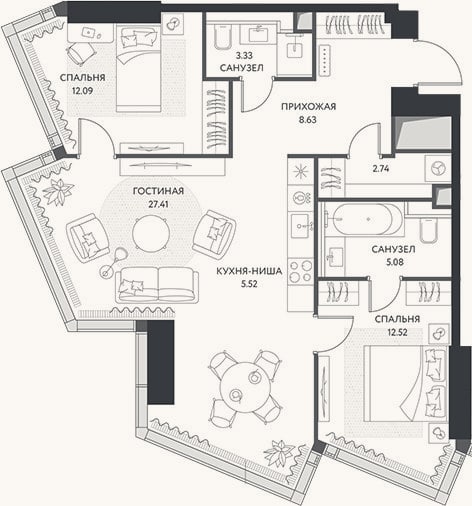 Планировка: 3-к, 77,3 м²