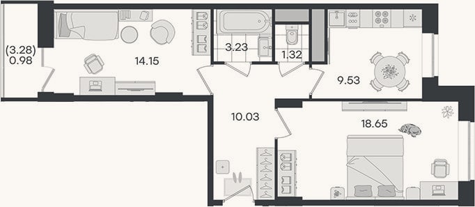 Планировка: 2-к, 56,9 м²