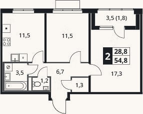 Планировка: 2-к, 53 м²