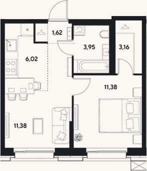 Планировка: 2-к, 37,5 м²