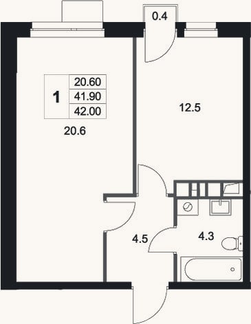 Планировка: 1-к, 41,9 м²