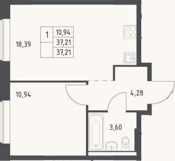 Планировка: 2-к, 37,2 м²