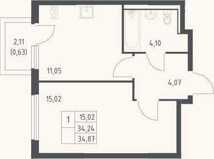 Планировка: 1-к, 34,2 м²