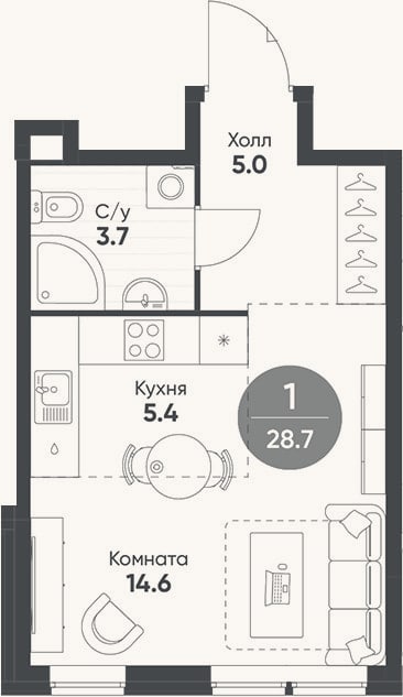 Планировка: Студия, 28,7 м²