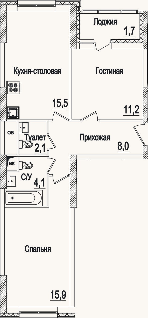 Планировка: 3-к, 57,2 м²