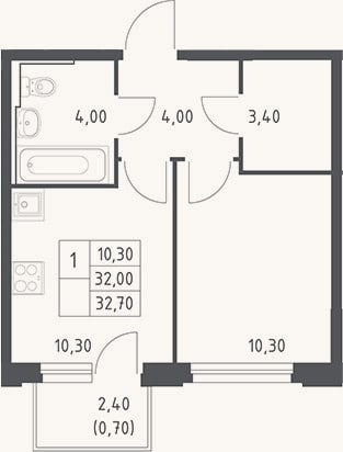 Планировка: 1-к, 32 м²