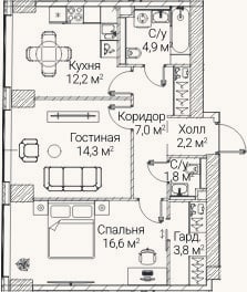 Планировка: 2-к, 62,8 м²