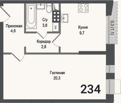 Планировка: 1-к, 41 м²