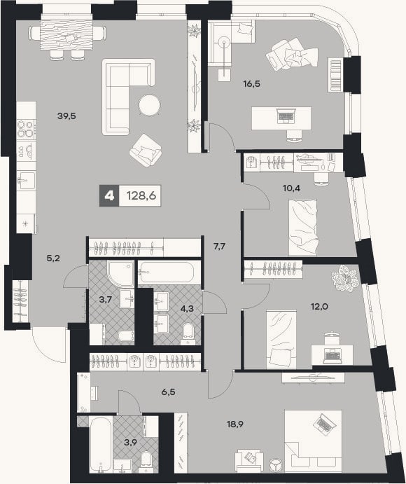 Планировка: 4+ к, 128,6 м²