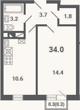Планировка: 1-к, 33,7 м²