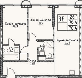 Планировка: 3-к, 70,4 м²