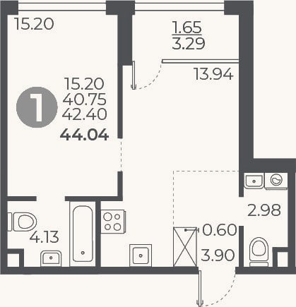 Планировка: 1-к, 40,8 м²
