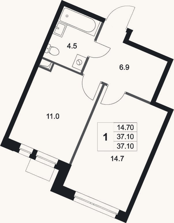 Планировка: 1-к, 37,1 м²