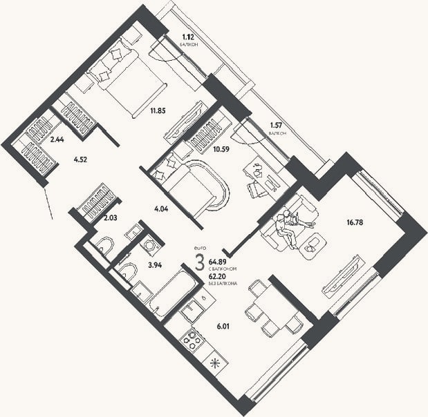 Планировка: 3-к, 62,2 м²