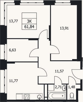 Планировка: 3-к, 61,8 м²