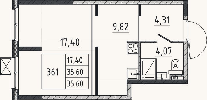 Планировка: Студия, 35,6 м²