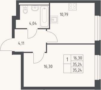 Планировка: 1-к, 35,2 м²