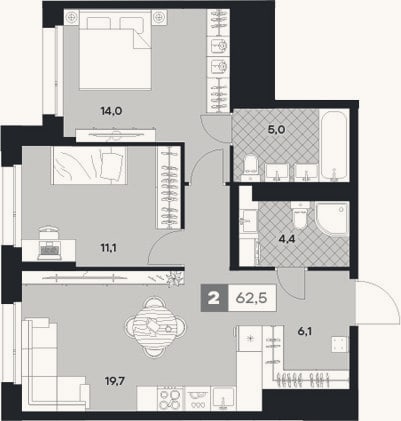 Планировка: 2-к, 62,5 м²