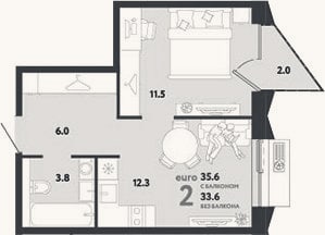 Планировка: 2-к, 33,6 м²