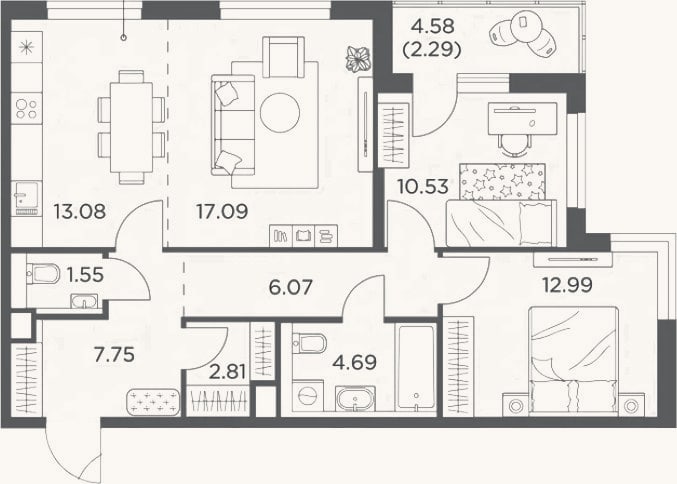 Планировка: 3-к, 76,6 м²