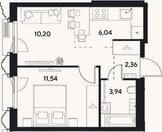 Планировка: 2-к, 34,1 м²