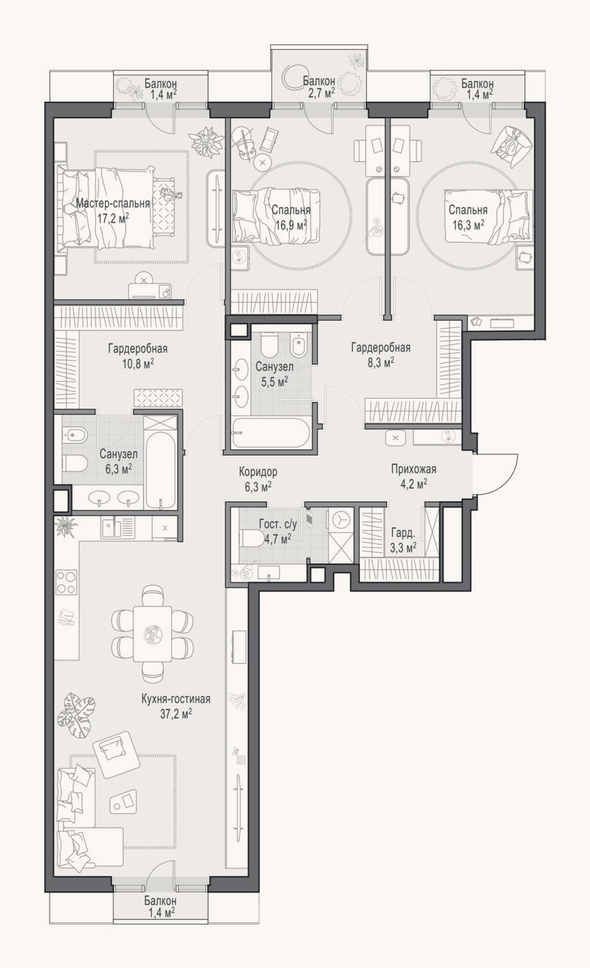 Планировка: 4+ к, 136,7 м²