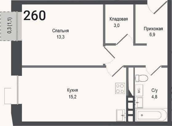 Планировка: 2-к, 43,2 м²