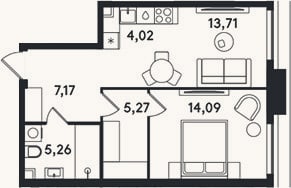 Планировка: 2-к, 49,5 м²