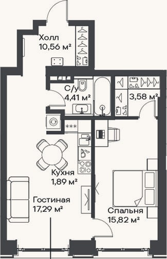 Планировка: 2-к, 53,6 м²